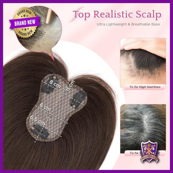 Human Hair Topper with Side Bangs 10 Inch Lightweight Clip-In Hairpiece